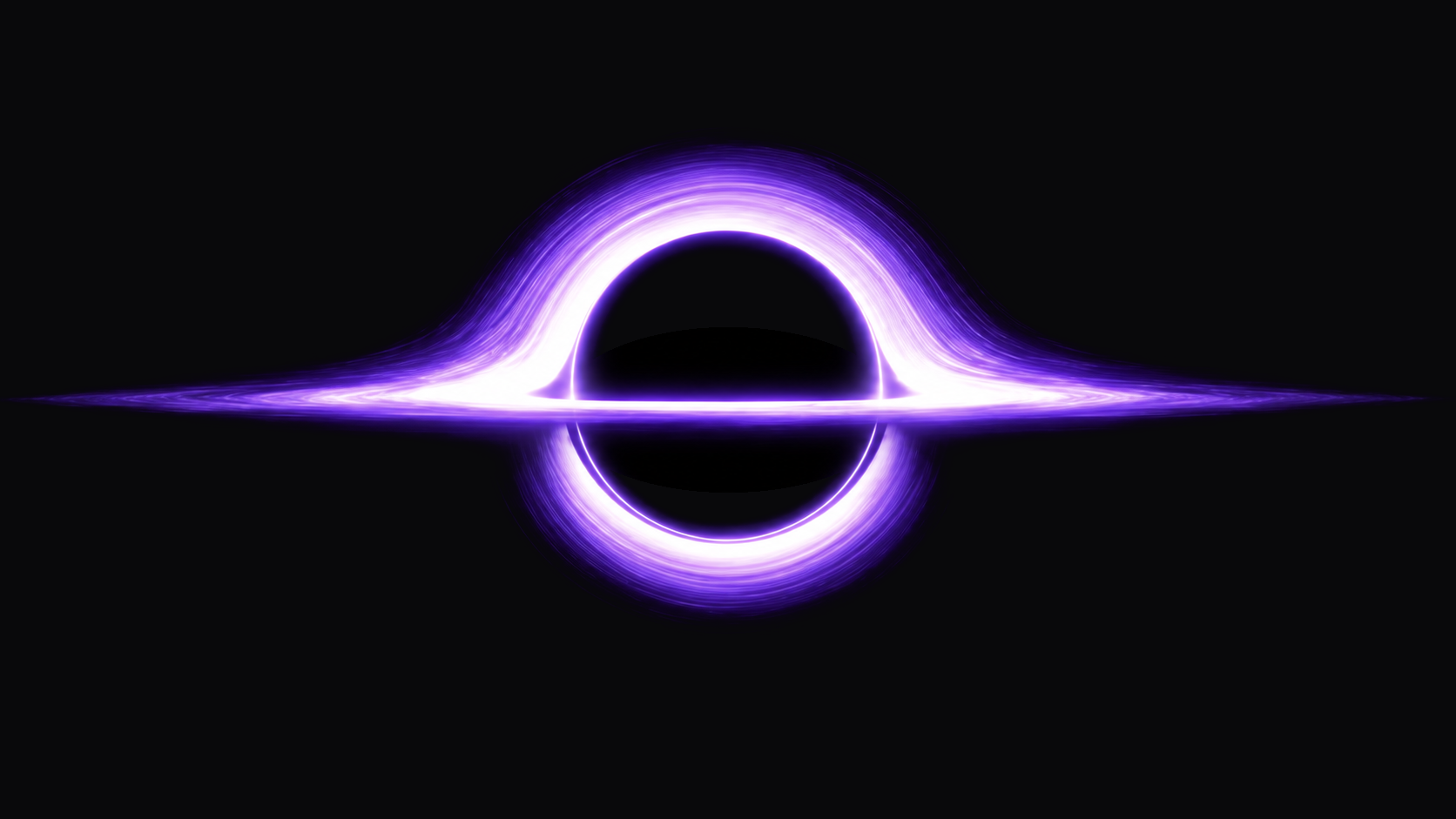 A violet accretion disk bending around a black hole.